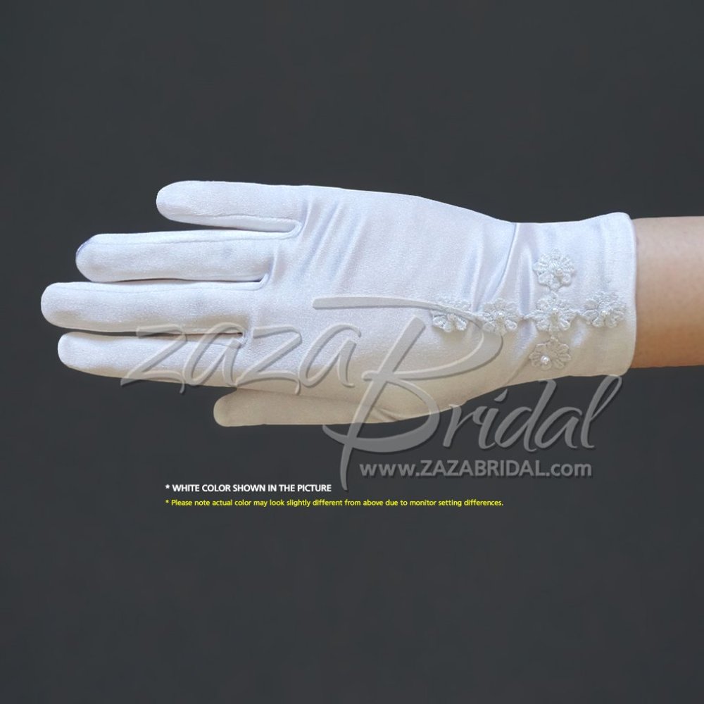 Girl’s White Satin Gloves with Daisy Flowers Cross & Pearls